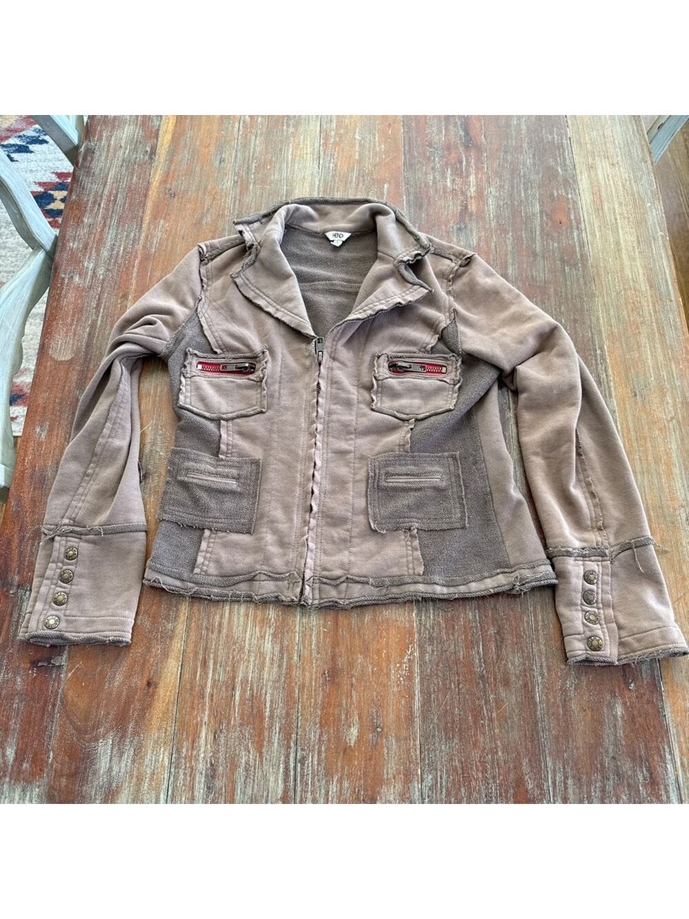HEndi Raw Hem Deconstructed Jacket Brown Red Zippers & Sleeve Buttons Large READ